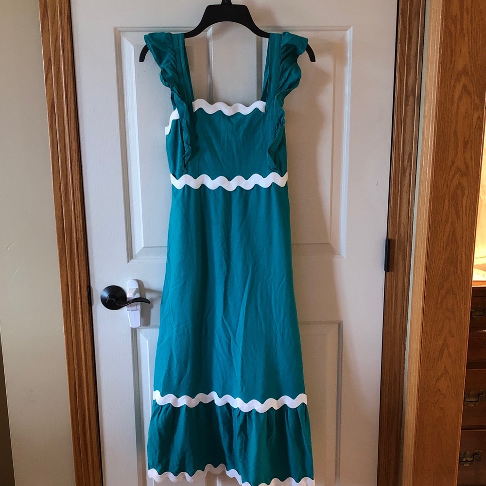 Teal Ruffled Strap A-Line Casual Dress with White Trim and pockets